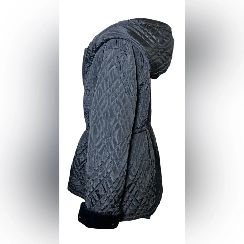 Dennis Basso NEW Women's XL Black Quilted Faux Fur Trim Hooded Coat‎ Drawstring
